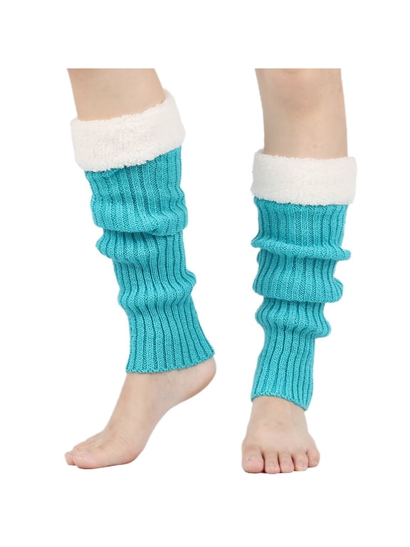 Fuzzy Cuff Calf Leg Warmers, plain Ribbed Slouchy Stretch Fit Casual Christmas for Women B Blue One Size