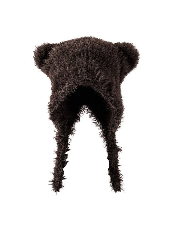 Fuzzy Plush Bear Ear Hat, Warm Winter Trapper Beanie with Ear Flap Brown One Size