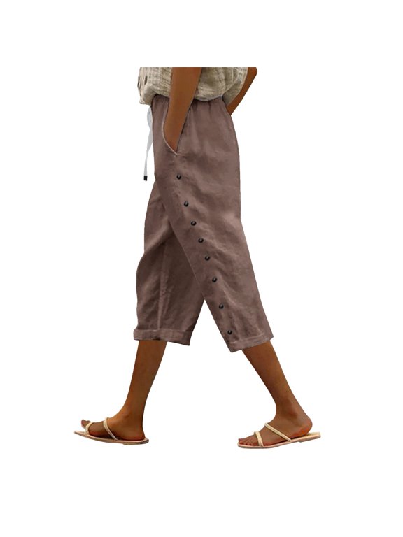 High Waisted Drawstring Elastic Waist Multi Flap Cargo Pocket Pants for Women Baggy Wide Straight Leg Loose Fit Breathable Hiking Travel Casual Street Comfy Plus Size Pants Summer Coffee S