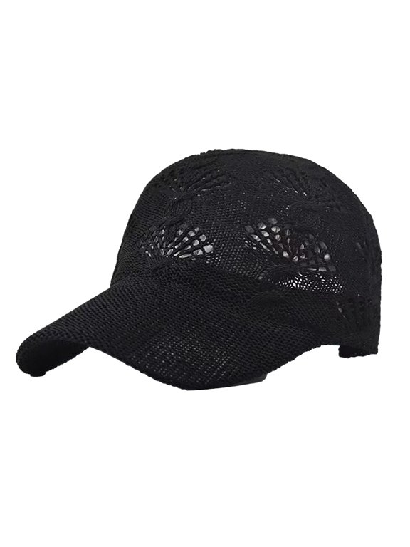 Hollow Crochet Baseball Cap, Floral Knit Texture, Curved Brim Breathable Adjustable Sun Headwear Black M