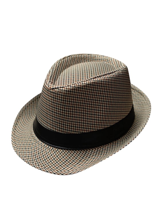 Houndstooth Plaid Short Brim Trilby Fedora Hat Unisex Cotton Linen Party Dress Hat Yellow One Size
