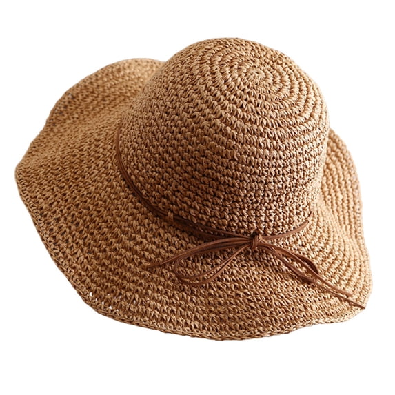 Wuphunn Ladies Packable Rollable Crochet Straw Sun Hat, Wide Floppy Brim Bucket Cap with Decorative Bow Band Outdoor Vacation Hat Coffee A