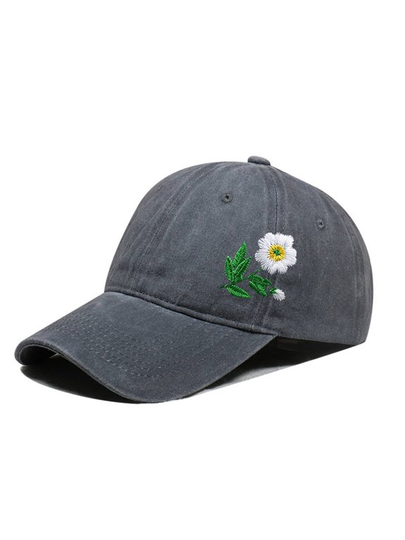 Low Profile Washed Baseball Cap, Side Daisy Flower Embroidered Adjustable Dad Hat for Travel Gardening, Lightweight Gray One Size