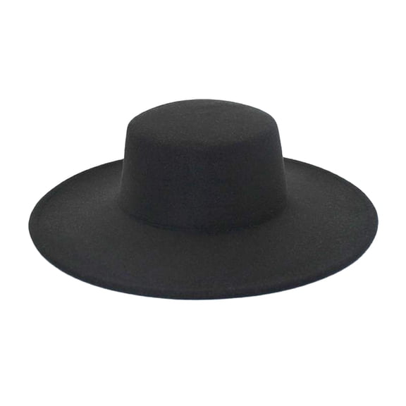 Wuphunn Men Women Solid Color Flat Top Wide Brim Hat, Retro Felt Style Hat for Casual and Formal Occasions Black One Size