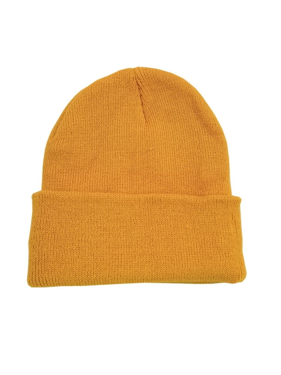 Mens Womens Winter Hat, Stretch Cuffed Roll Edge Knitted Solid Color Beanie Skull Cap Light Yellow L