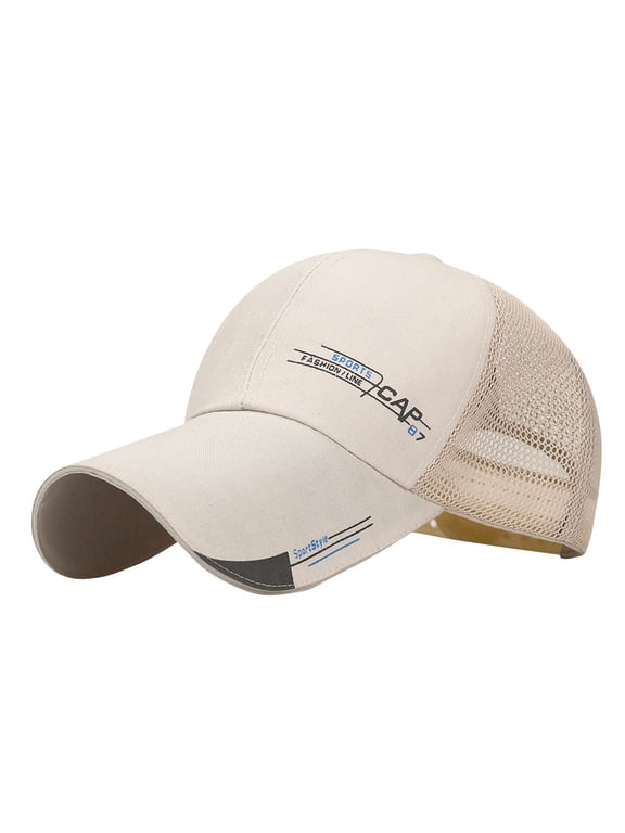 Mesh Trucker Baseball Cap, Curved Brim Silhouette, Printed Letter Decor Adjustable Breathable Sport Outdoor Headwear Beige One Size