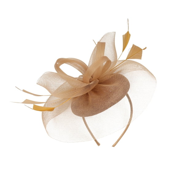 Wuphunn Mesh Veil Fascinator Hat for Women Twisted Ribbon Loop Feather Accent Dual Wear Headband and Hair Clip Formal Headwear for Kentucky Derby Tea Party Wedding Church Cocktail Q1 Gold One Size