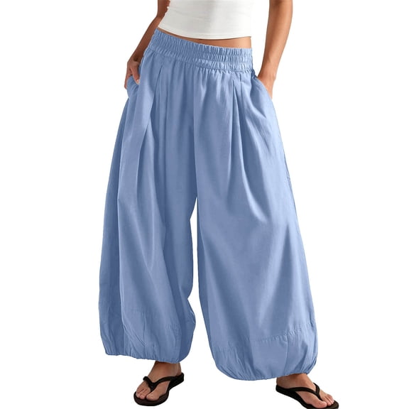 Wuphunn Pants for Women beach casual bottoms barrel harem palazzo trousers high rise smocked waist loose fit casual travel wear Sky Blue S