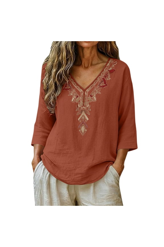 Short Sleeve Tunic Tops for Women 3/4 Sleeve Tops for Women Casual Tops Summer V Neck T Shirts Cotton Linen Shirts Oversized T-shirts Womens Linen Cotton Blouses Summer Brick Red S