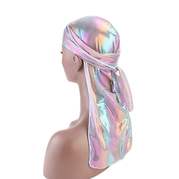 Wuphunn Silky Stretch Durag Cap, Rainbow Holographic Texture, Extra Long Tail Wide Band Headwear for Hair Styling B One Size