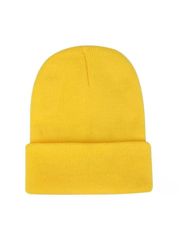 Solid Color Roll Edge Knitted Beanie for Men Women, Classic Cuffed Winter Warm Skull Headwear Yellow L