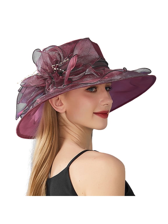 Sun Hats for Women Fedora Hats for Women Wide Brim Sun Hat Sombreros Elegantes Para Mujer Beach Hats for Women Beach Hat Fancy Hats for Women Organza Hat Ladies Sun Hats Wine One Size