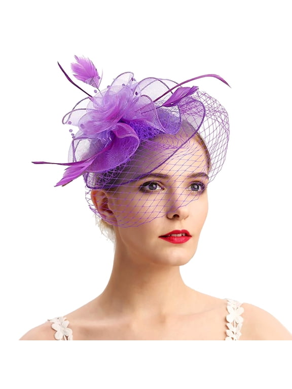 Tea Party Fascinator Hats for Womens 50s Headwear with Veil Flower Cocktail Wedding Church Derby Hat Purple One Size