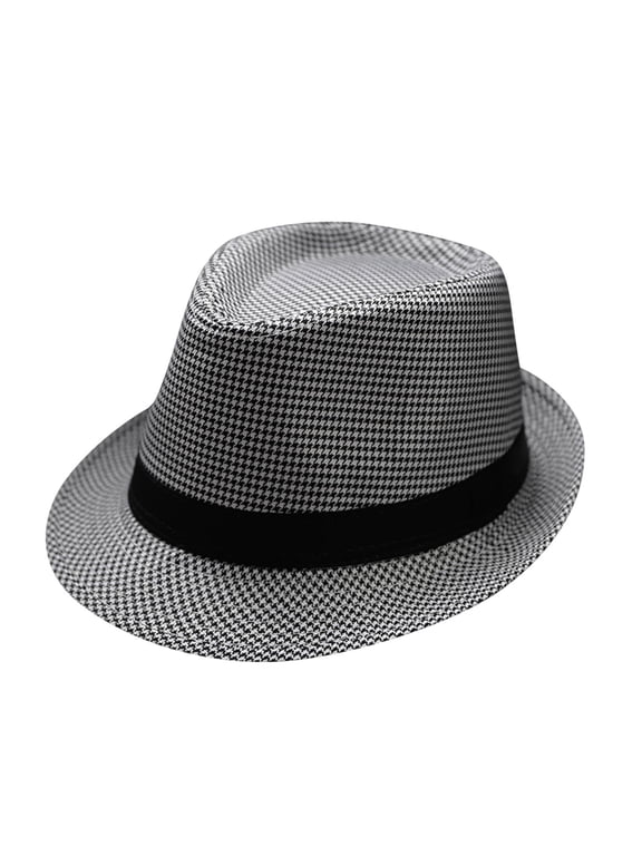Unisex Houndstooth Cotton Linen Fedora Trilby Hat, Short Brim Vintage Jazz Dress Hat with Solid Black Band for Daily Party Occasions Black One Size