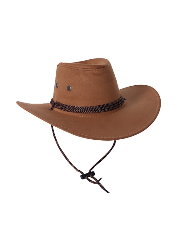 Unisex Vegan Suede Cowboy Hat, Wide Brim Adjustable Wind Strap Western Cowgirl Hat Coffee 57