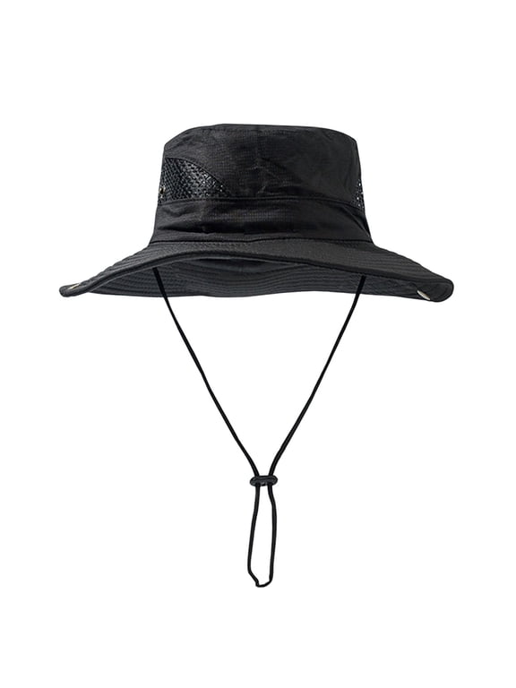 Unisex Wide Brim Boonie Bucket Sun Hat, Side Mesh Vent Panels with Adjustable Chin Strap, Packable Foldable UV Protection Fishing Hat A Black A