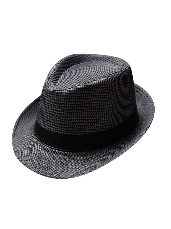 Vintage Houndstooth Fedora Trilby Hat for Unisex, Breathable Cotton Linen Short Brim Dress Hat with Solid Black Band Gray One Size