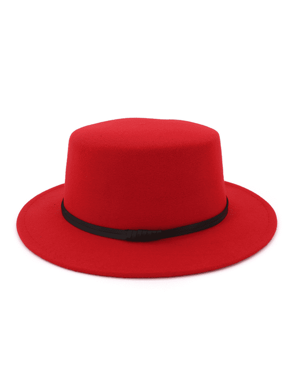 Wide Brim Vintage Fedora Cap, Flat Crown Ribbon Trim, Elegant Headwear for Casual and Formal Occasions Red