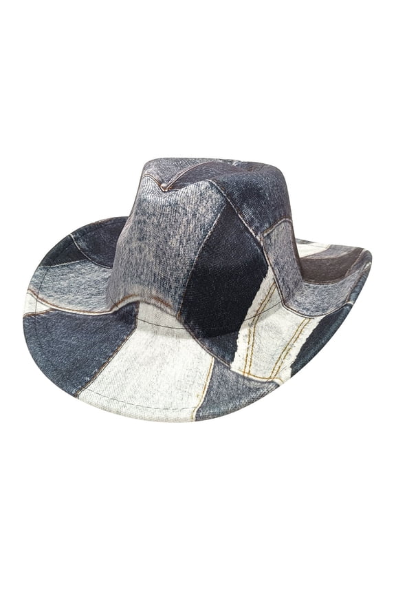Wide Curved Brim Western Style Cowboy Hat, Retro Denim Printed Unisex Festival & Party Hat Sky Blue M
