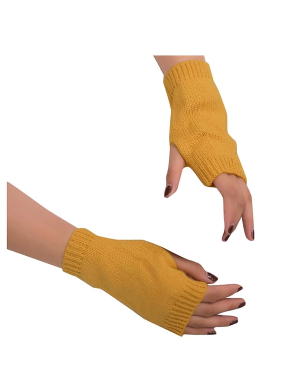 Women Basic Knit Fingerless Gloves, Versatile Half Finger Wrist Warmers Indoor Use Yellow One Size