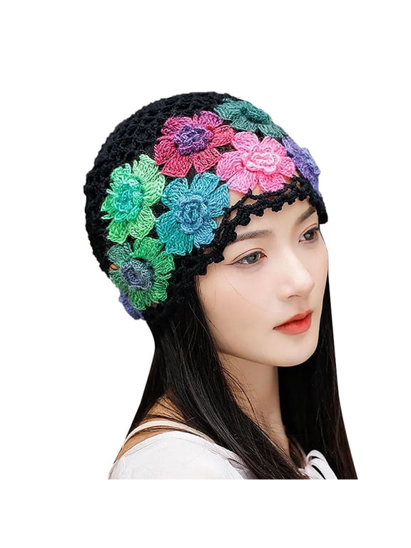 Women Boho Floral Crochet Beanie, Cotton Hollow Knit Handmade Summer Lightweight Skull Cap Black One Size
