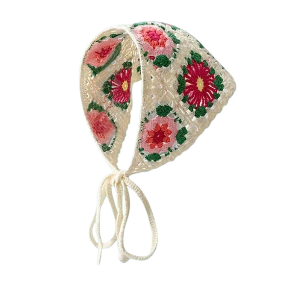 Wuphunn Women Boho Floral Crochet Triangle Head Kerchief, Adjustable Tie Back Knitted Headscarf for Beach Festival Daily Outfit, Lightweight Hot Pink One Size