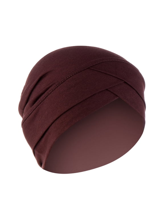 Women Cross Front Pleated Pre-Tied Slip On Turban Head Wrap Soft Stretchy Elastic Chemo Cap Hair Loss Alopecia Sleep Hat Daily Cancer Patient Head Covering Q1 Coffee One size