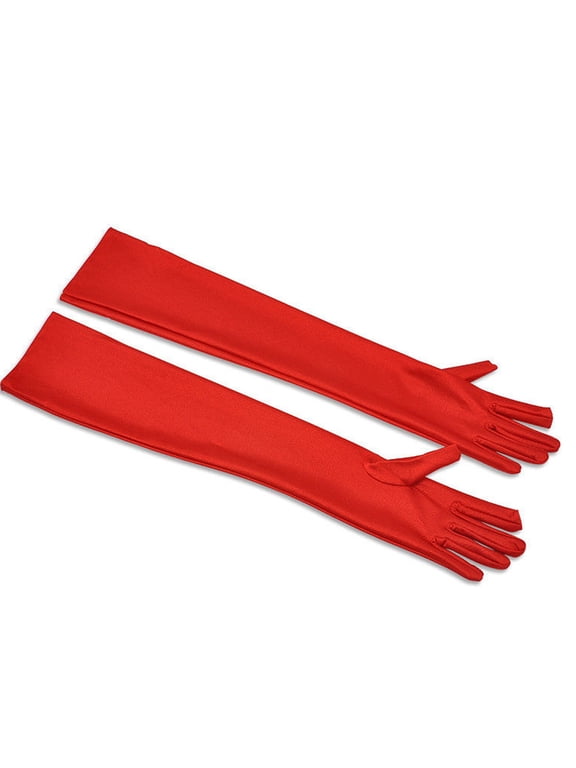 Women Evening Dress Gloves, Stretch Satin Long Elbow Opera Wedding Cosplay Hand Cover Red One Size