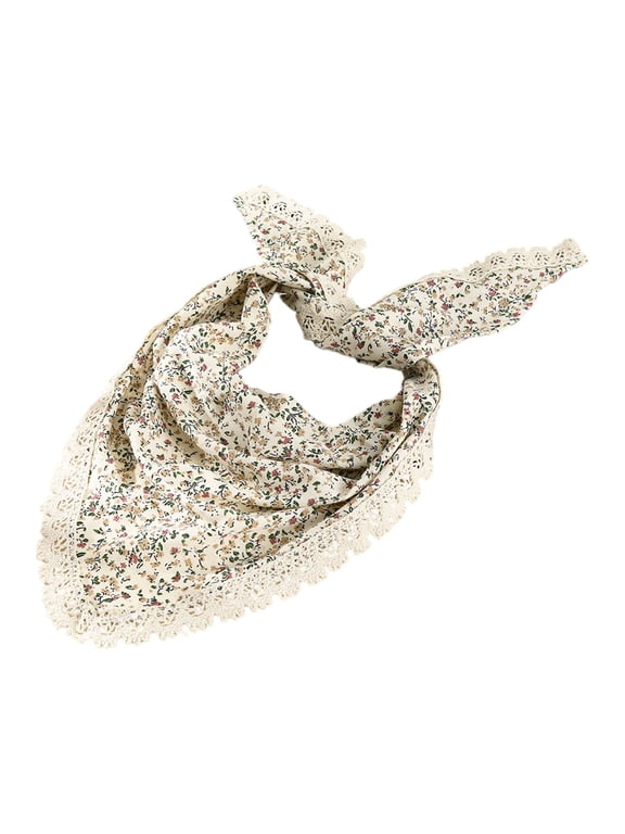 Women Floral Printed Triangle Head Kerchief, Boho Lace Trim Tie Back Hair Bandana Beige One Size