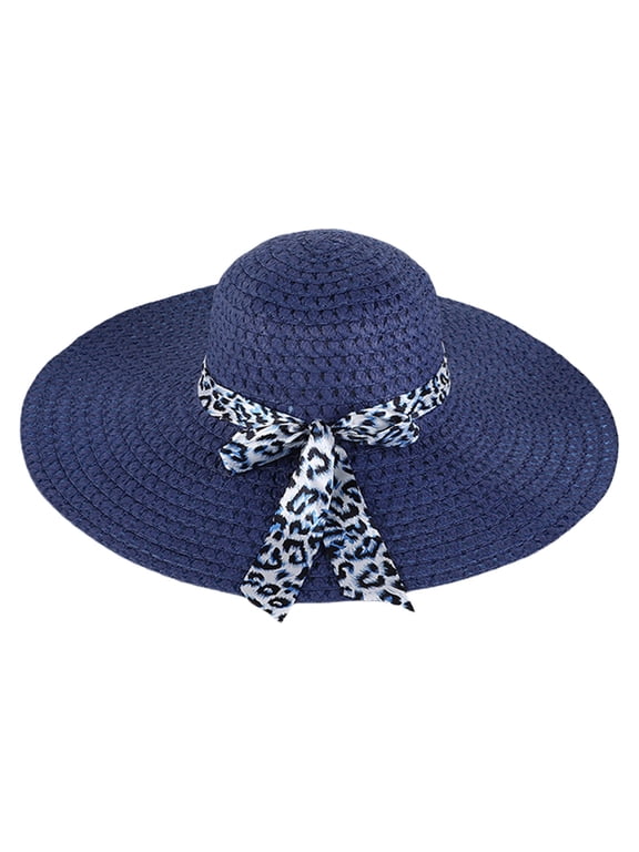Women Foldable Wide Brim Straw Beach Hat, Floppy Sun Cap with Leopard Print Ribbon Bow Navy One Size
