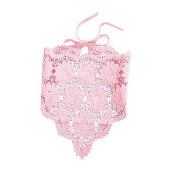 Wuphunn Women Hollow Crochet Paisley Floral Triangle Head Kerchief, Tie Back Lace Bandana Light Pink One Size