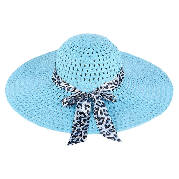 Wuphunn Women Leopard Bow Decor Straw Hat, Wide Brim Foldable Floppy Beach Sun Headwear Sky Blue One Size