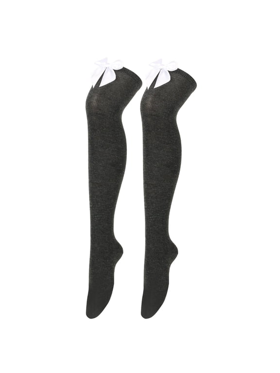 Women Solid Stretch Knit Thigh High Socks, Bow Decor Over Knee Stockings for Daily Cosplay H One Size
