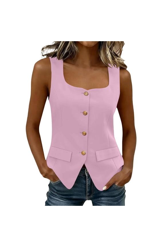 Women Tailored Fitted Sleeveless Waistcoat Square Neck Button Front Blazer Vest Flap Pocket Design Casual Office Outfit Pink M