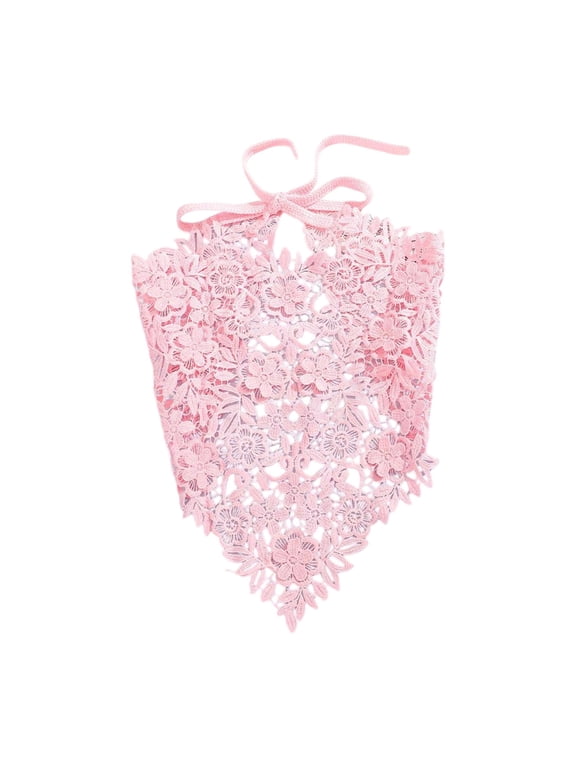 Women Vintage Paisley Floral Crochet Lace Head Scarf, Scalloped Edge Triangle Tie Back Headwrap Pink One Size
