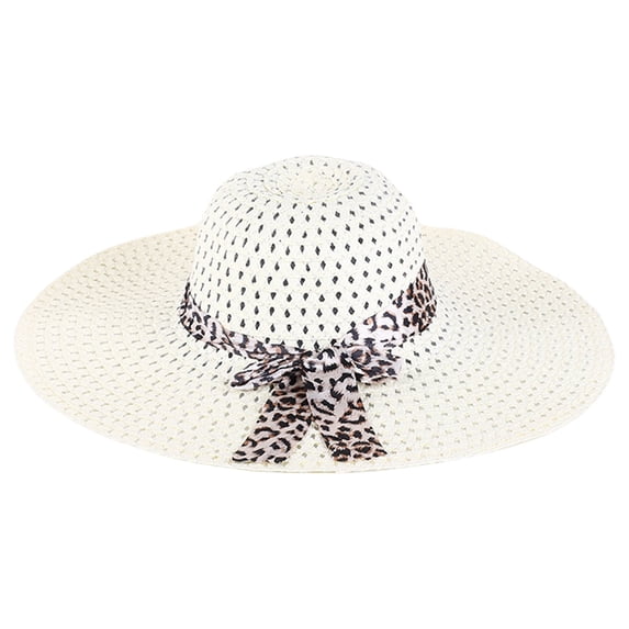 Wuphunn Women Wide Brim Crochet Straw Hat, Floppy Beach Sun Hat with Leopard Print Ribbon Bow, Foldable Vacation Headwear Beige One Size