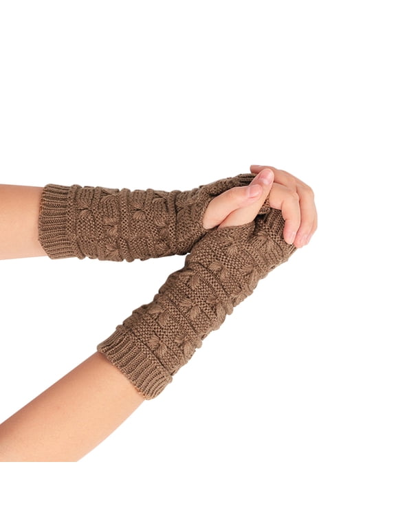 Women Winter Knit Fingerless Arm Warmers, Soft Short Wrist Cuffs Casual Fashion Accessory Khaki A