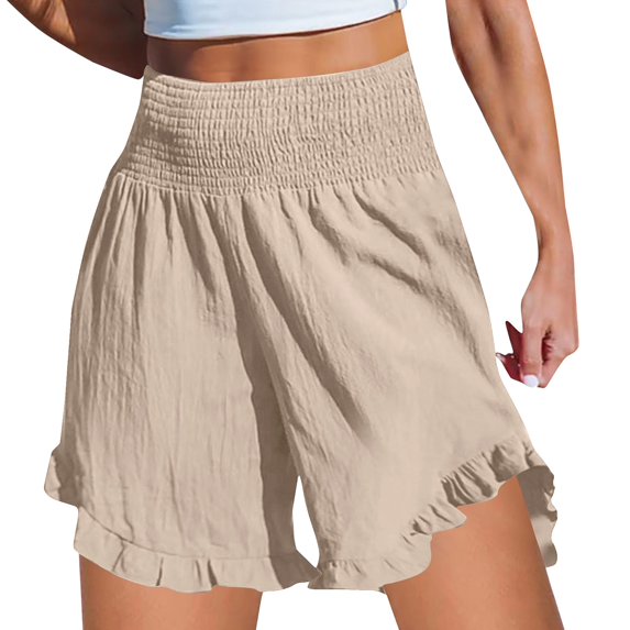 Wuphunn Women's Linen Shorts Athletic Running Shorts Bike Shorts Women Bermuda Short Elastic Waist Linen Shorts Beach Cover up Shorts Summer Comfy Shorts with Pockets Beige L