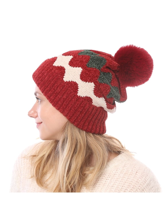 Women's Skullies & Beanies Ribbed Crossed Cable Knit Toboggan Hat Thermal Snow Beanie Cold Weather Hat Red One Size