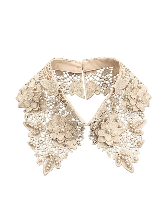 Womens Decorative Faux Collar, Floral Lace Pearl Beaded Detachable Dickey Collar Khaki One Size