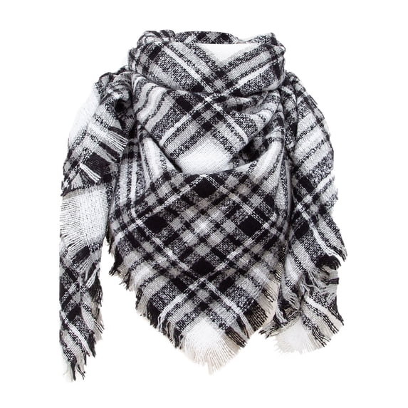 Wuphunn Womens Triangle Shawl Wrap, Classic Plaid Fringe Scarf for Daily Fall Winter Wear White A
