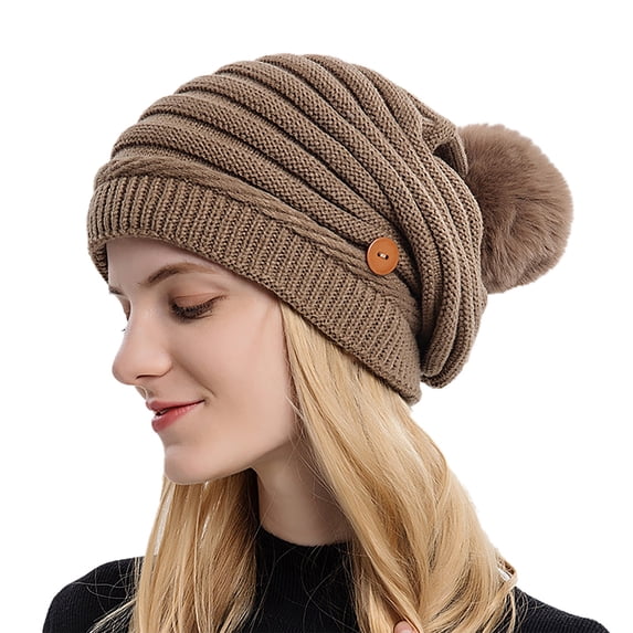 Wuphunn Womens Warm Y2k Thermal Hat Stocking Caps Warm Skull Cap Knit Hats for Women Fleece‑Lined Skull Beanie women's hats & caps Khaki One Size