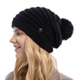 thumbnail image 1 of Wuphunn Womens Winter Knitted Beanie Hat Snow Ski Skull Cap Ski Cap Brimmed Beanie Fleece‑Lined Pom Beanie Pompom Soft Warm Hat womens winter hat Black One Size, 1 of 4