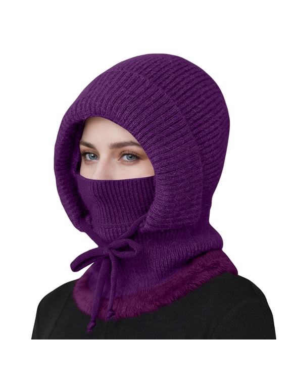 Womens Winter Knitted Beanie Hat Warm Fleece Lined Pom Knit Earflap Hats Ribbed Crossed Chunky Cable Knit Toboggan Hats Snowboard Beanie fall hats for women A Purple One Size