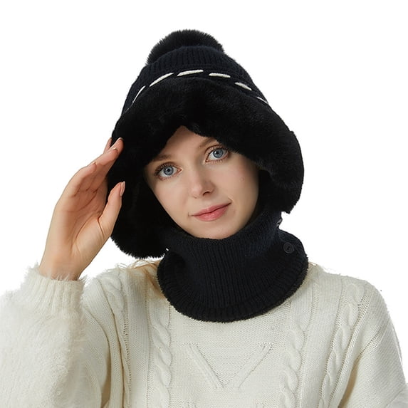 Wuphunn Womens Winter Knitted Beanie Hat Warm Skull Cap Knit Chunky Snow Cap Hiking Beanie Ski Cuff Cap with Pom Chunky Cable Knit Pom Warm Knit Skull Cap Cold Weather Hat C Black One Size