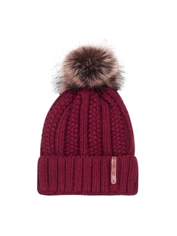 Womens Winter Ribbed Beanie Cuff Beanie Hat Pom Knit Earflap Hats Ski Cuff Cap with Pom Pompom Soft Warm Hat Hiking Beanie Beanie for Women A Wine One Size