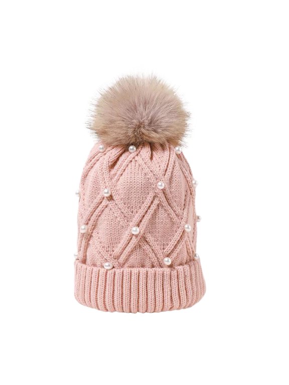 Womens Winter Ribbed Beanie Slouchy Beanie Crossed Cap Warm Fleece Lined Pom Knit Earflap Hats Lightweight Skull Cap Thermal Beanie Skull Beanie Winter Cap B Pink One Size