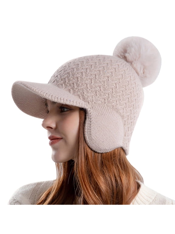 Womens Winter Ribbed Beanie Snow Ski Skull Cap Stocking Caps Warm Fleece Lined Pom Beanie Skull Beanie Slouchy Beanie for Women womens winter hat B Beige One Size