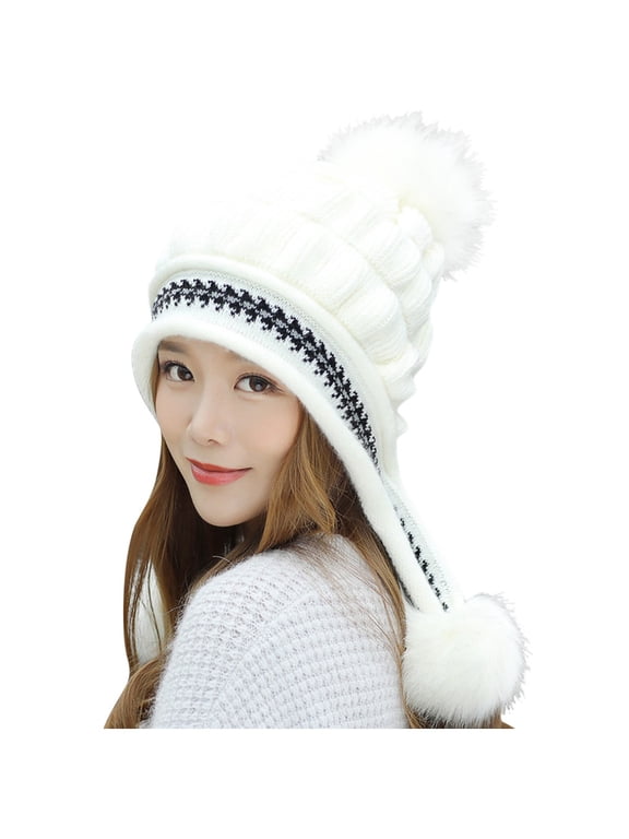 Womens Winter Ribbed Beanie Thermal Beanie Cute Beanies Knit Chunky Snow Cap Cuff Beanie Hat Knit Hats for Women Warm Hat Skull Cap Knitted Hat Cold Weather Hat White One Size