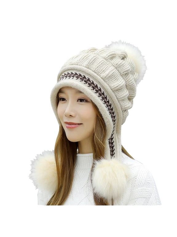 Womens Winter Ribbed Beanie Warm Fleece Lined Pom Knit Earflap Hats Brimmed Beanie Pom Warm Knit Skull Cap Warm Fleece Lined Pom Beanie Skull Beanie womens winter hat Beige One Size